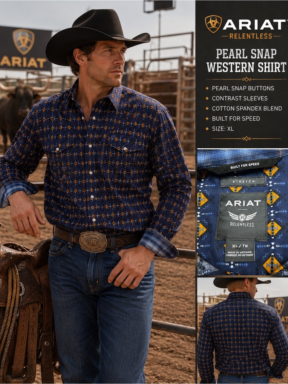 Ariat Relentless Pearl Snap Western Shirt XL Blue Geometric Print Rodeo Shirt